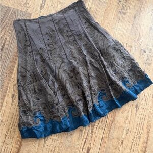 Elie Tahari Side-zip Blue & Brown Silk Embroidered Skirt